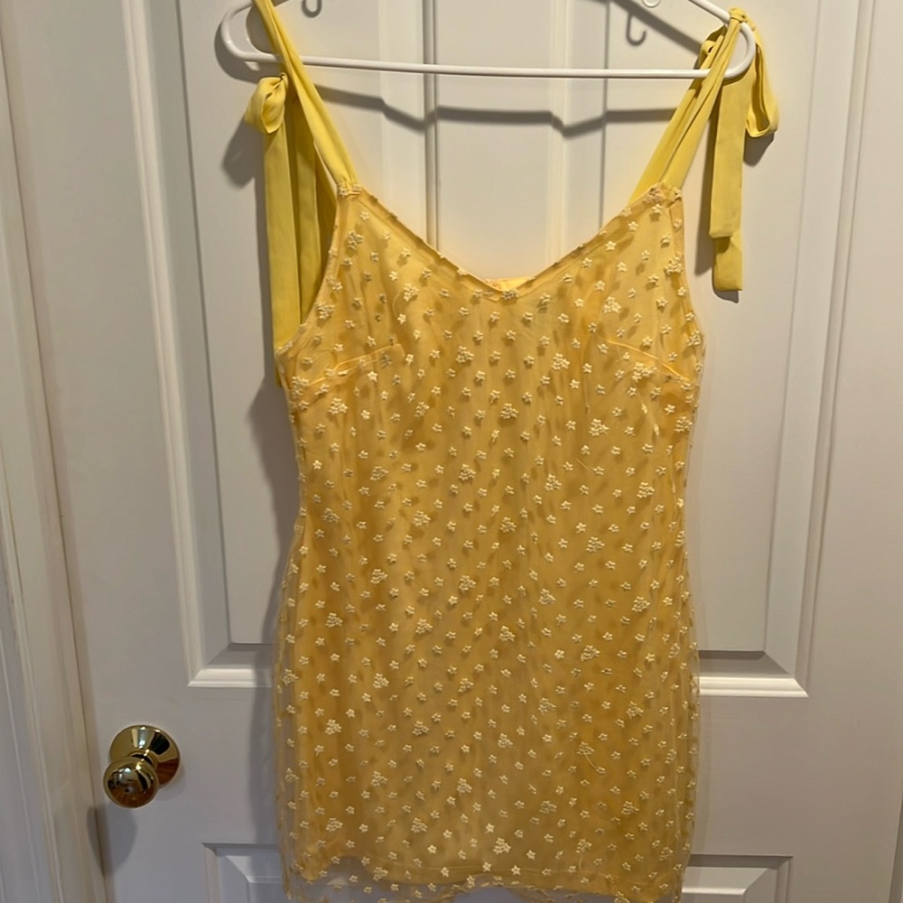 Yellow mesh overlay mini dress